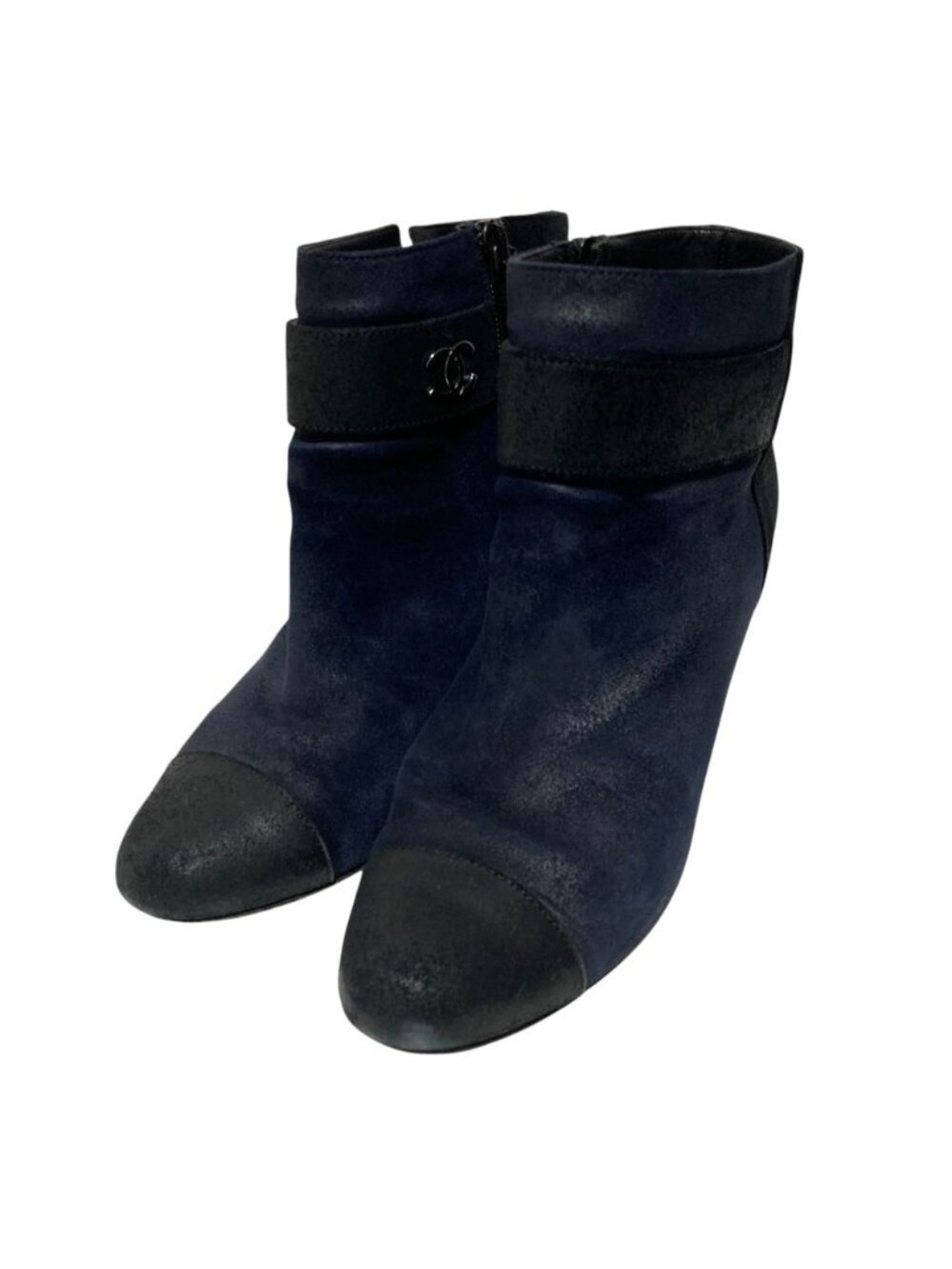 Chanel Bicolor CC Logo Side Zip Short Boots 37.5 Navy Black Fall Winter